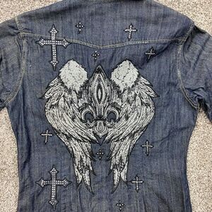 Panhandle Denim Shirt‎ Womens Small Pearl snap biker goth punk Wings  rimestone
